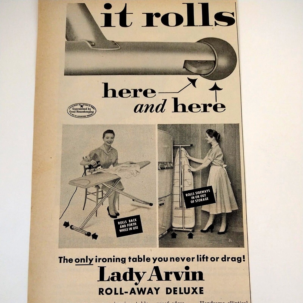 1958 Lady Arvin Roll-Away‎ Ironing Board Vtg Print Ad Happy Housewife Laundry
